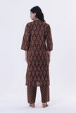 Set Of 3: Brown & Multicolor Cotton Block Printed Kurta, Pant & Dupatta