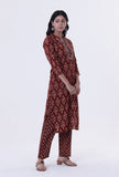 Set Of 2: Red & Multicolor Cotton Block Printed Kurta & Pant