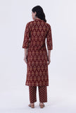 Set Of 2: Red & Multicolor Cotton Block Printed Kurta & Pant