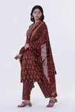 Red & Multicolor Cotton Block Printed Dupatta