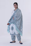 White Cotton Dupatta With Blue Motif
