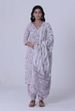 Set Of 3: White Cotton Kurta With Pant & Dupatta Set