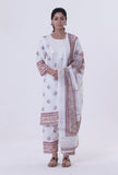 Set Of 3: Multicolor Motif White Cotton Kurta With Pant & Dupatta Set