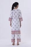 Set Of 3: Multicolor Motif White Cotton Kurta With Pant & Dupatta Set