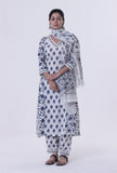 Set Of 3: Blue Motif White Cotton Kurta With Pant & Dupatta Set