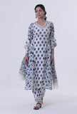 Set Of 3: Blue Motif White Cotton Kurta With Pant & Dupatta Set