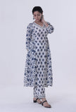 Set Of 3: Blue Motif White Cotton Kurta With Pant & Dupatta Set