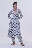 Set Of 2: Blue Motif White Cotton Kurta with Pant Set