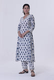 Blue Motif White Cotton Kurta