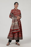 Set Of 3: Ajrakh Printed Red Cotton Anarkali, Black Pant & Dupatta Set