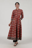 Set Of 2: Ajrakh Printed Red Cotton Anarkali & Black Pant Set
