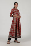 Ajrakh Printed Red Cotton Anarkali With White Motif