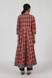 Ajrakh Printed Red Cotton Anarkali With White Motif