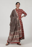 Ajrakh Printed Black Cotton Dupatta With White & Multicolor Motif