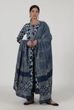 Set Of 3: Indigo Printed Blue Cotton Anarkali, Pant & Dupatta Set