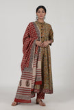 Set Of 3: Ajrakh Printed Yellow Cotton Anarkali, Red Pant & Dupatta Set