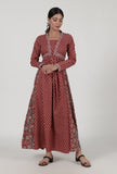 Red Cotton Dress with Multicolor Ajrakh Print