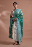 Green silk organza embroidered dupatta with delicate floral embroidery, ethnic festive drape