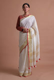 White Red Color Cotton Linen Saree With Unstitched Blouse