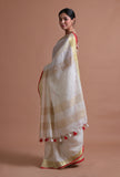 White Red Color Cotton Linen Saree With Unstitched Blouse