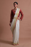 White Red Color Cotton Linen Saree With Unstitched Blouse