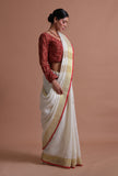 White Red Color Cotton Linen Saree With Unstitched Blouse