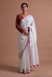White Pink Color Cotton Linen Saree With Unstitched Blouse