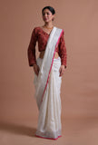 White Pink Color Cotton Linen Saree With Unstitched Blouse