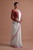White Pink Color Cotton Linen Saree With Unstitched Blouse