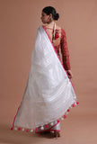 White Pink Color Cotton Linen Saree With Unstitched Blouse