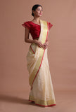 Off White Color Cotton Linen Saree With Unstitched Blouse
