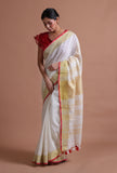 White Color Cotton Linen Saree With Unstitched Blouse
