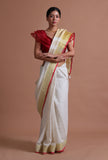 White Color Cotton Linen Saree With Unstitched Blouse