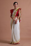 White Color Cotton Linen Saree With Unstitched Blouse