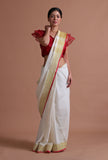 White Color Cotton Linen Saree With Unstitched Blouse