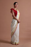 White Color Cotton Linen Saree With Unstitched Blouse