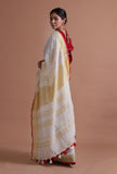 White Color Cotton Linen Saree With Unstitched Blouse