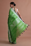 Green Color Cotton Linen Saree With Unstitched Blouse