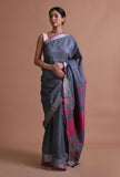 Grey & Pink Color Cotton Linen Saree With Unstitched Blouse