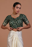 Bottle Green Color Raw Silk Embroidered Blouse