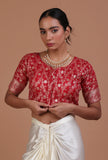 Maroon raw silk embroidered blouse heritage festive on a female model