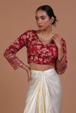 Maroon raw silk embroidered blouse artisan festive on a female model