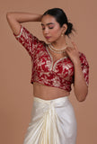 Maroon raw silk embroidered blouse festive on a female model