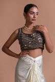 Black raw silk mirror work blouse festive on a female model