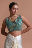 Light Green Color Raw Silk Mirror Work Blouse