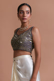 Blue Color Raw Silk Mirror Work Blouse