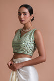 Mint Green Color Raw Silk Mirror Work Blouse