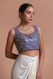 Blue Color Raw Silk Mirror Work Blouse