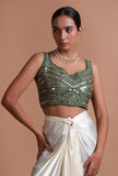 Bottle Green Color Raw Silk Mirror Work Blouse