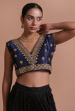Navy blue raw silk embroidered blouse artisan festive ethnic on a female model